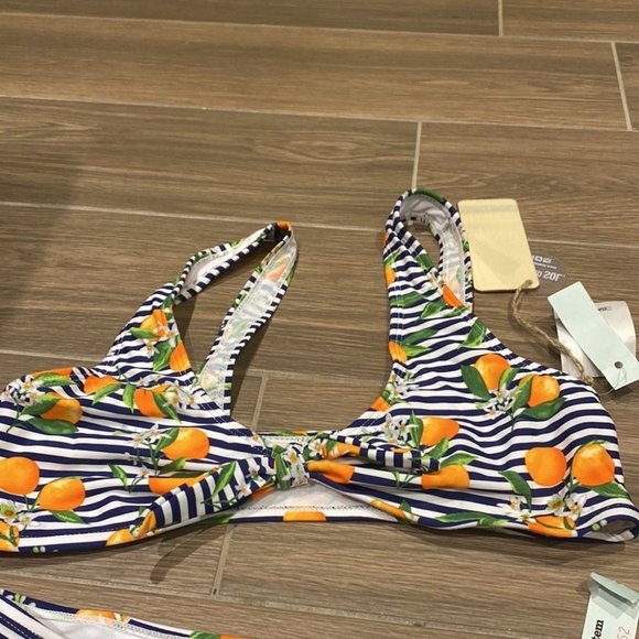 Cabana Del Sol Women Orange Print Stripes Blue Bathing Suit Bikini Size Large - Picture 2 of 5